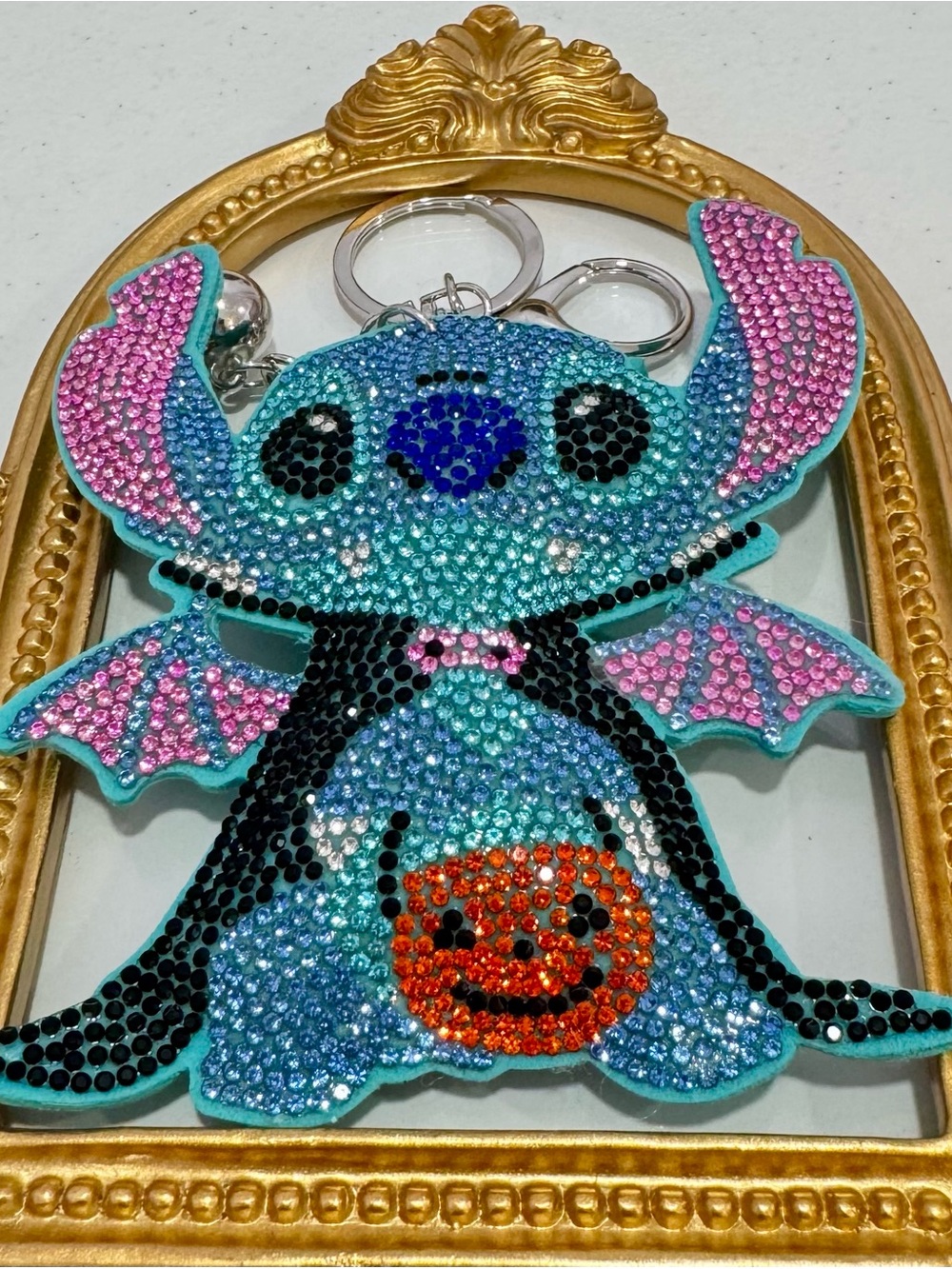 New Sparkling Halloween Blue Stitch-Inspired Kids Keychain with Pink Accents